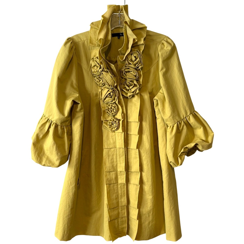 Ryu Paris Green Rosette A Line Puff Sleeve Trench Coat in Size L